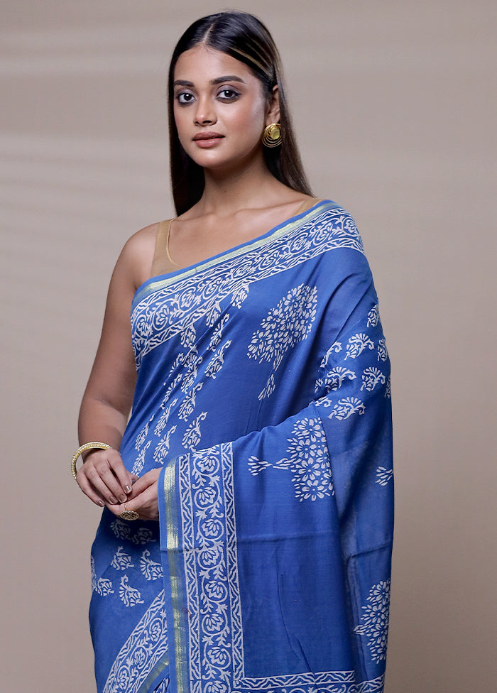 Blue Chanderi Cotton Saree With Blouse Piece