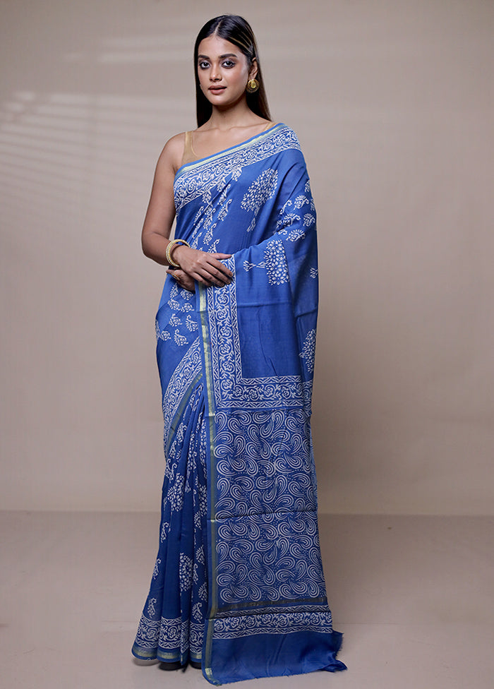 Blue Chanderi Cotton Saree With Blouse Piece