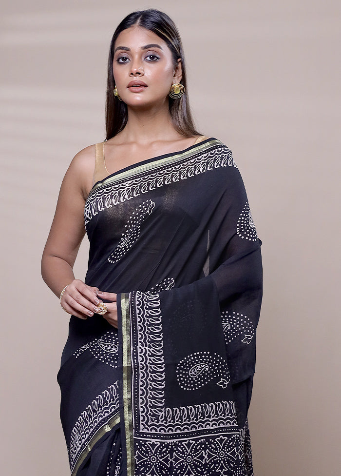 Black Chanderi Cotton Saree With Blouse Piece