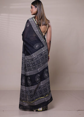 Black Chanderi Cotton Saree With Blouse Piece