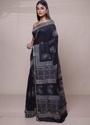 Black Chanderi Cotton Saree With Blouse Piece