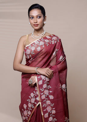 Maroon Organza Saree With Blouse Piece