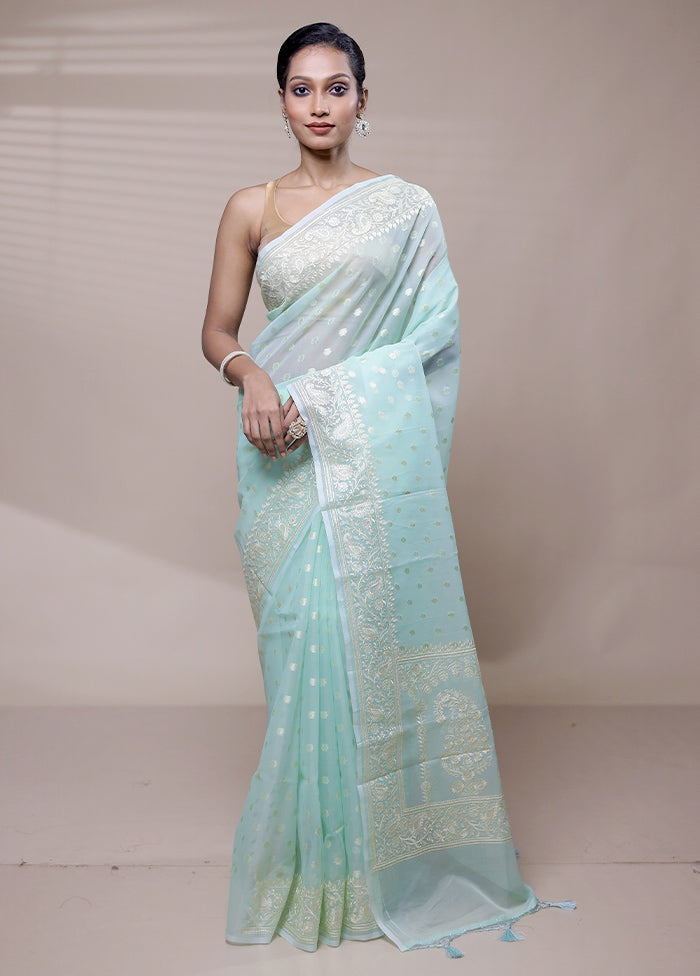 Blue Organza Saree With Blouse Piece