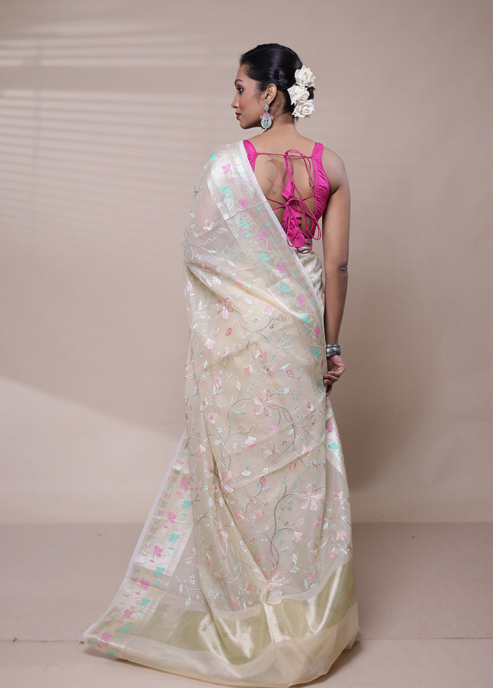 Cream Organza Saree With Blouse Piece