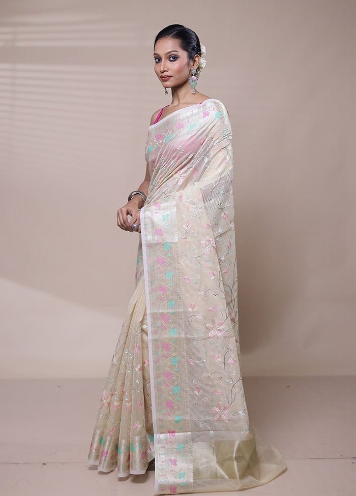 Cream Organza Saree With Blouse Piece