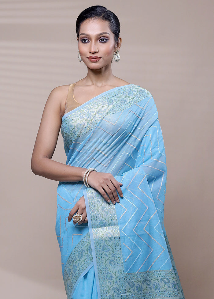 Blue Organza Saree With Blouse Piece