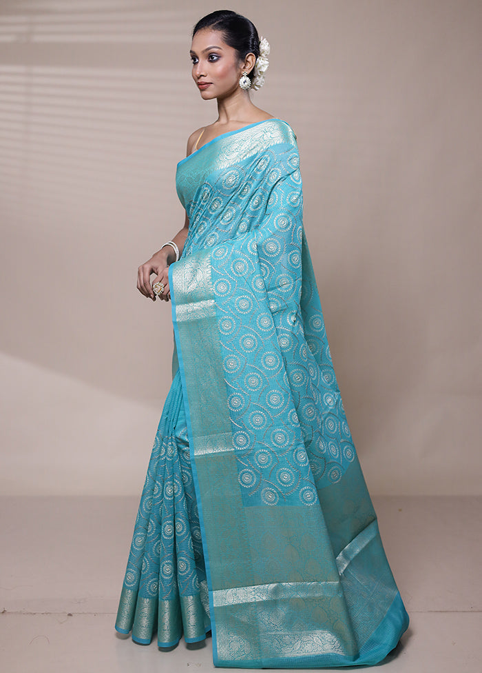 Blue Organza Saree With Blouse Piece