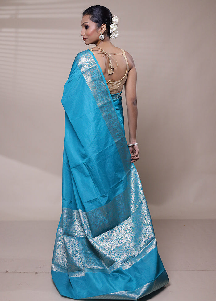 Blue Dupion Silk Saree With Blouse Piece