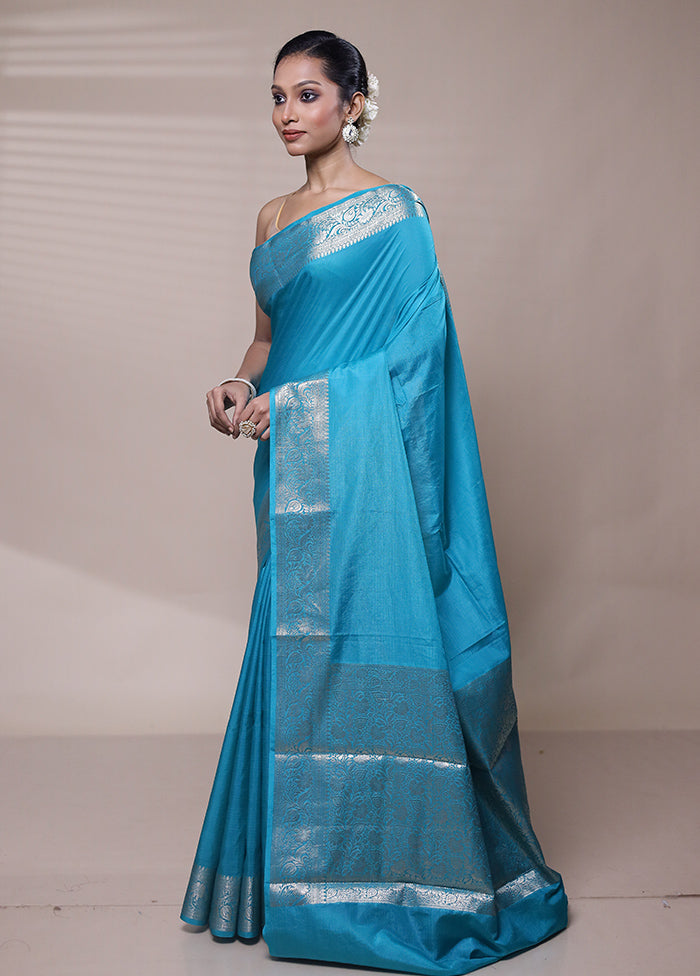 Blue Dupion Silk Saree With Blouse Piece