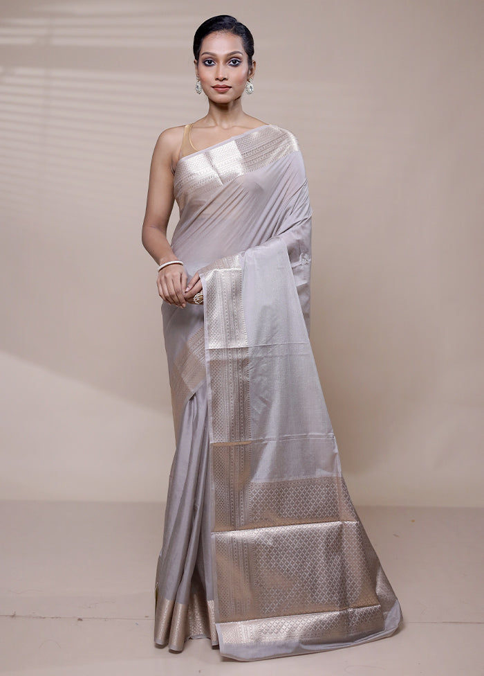 Grey Dupion Silk Saree With Blouse Piece