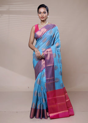 Blue Kora Silk Saree With Blouse Piece