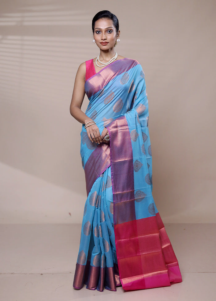 Blue Kora Silk Saree With Blouse Piece