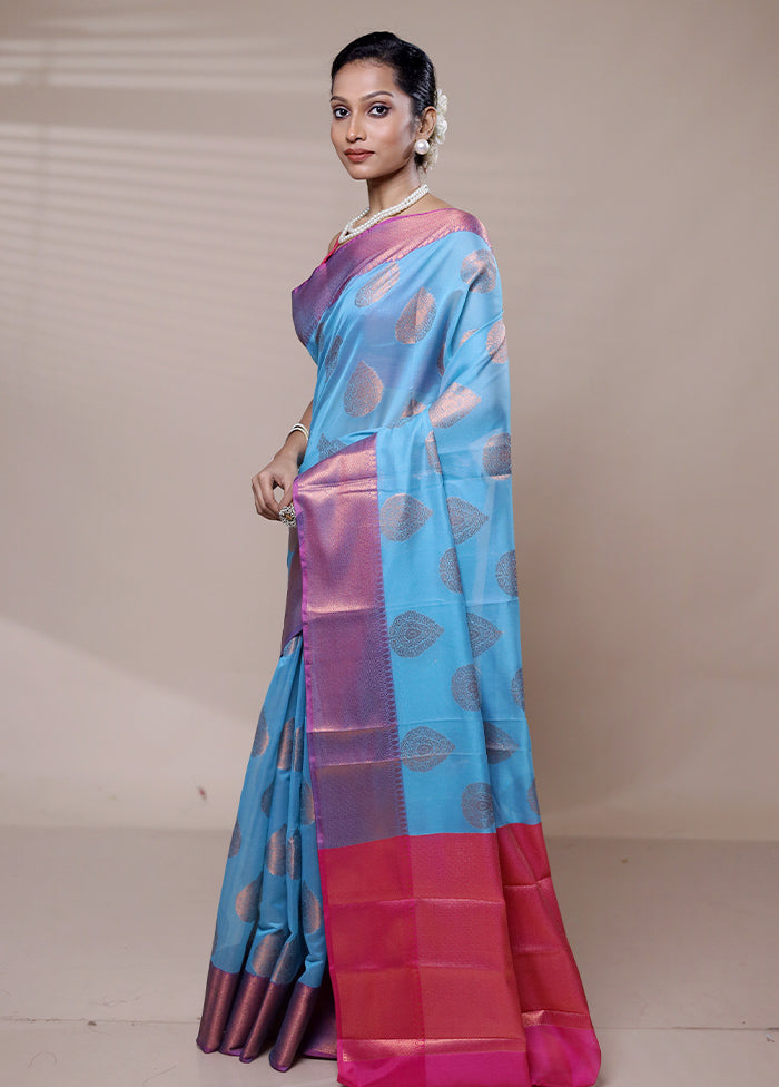 Blue Kora Silk Saree With Blouse Piece