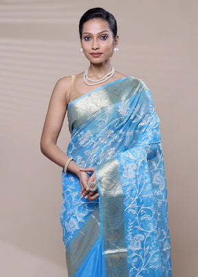 Blue Organza Saree With Blouse Piece