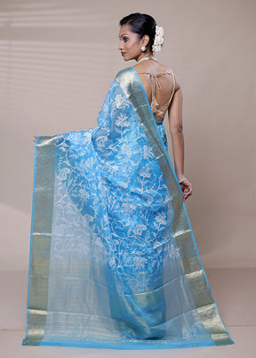 Blue Organza Saree With Blouse Piece