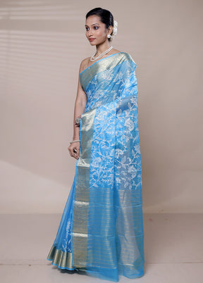 Blue Organza Saree With Blouse Piece