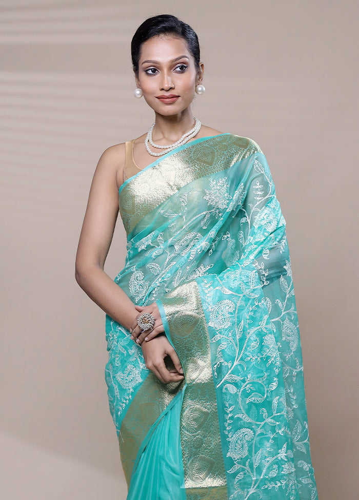 Blue Organza Saree With Blouse Piece