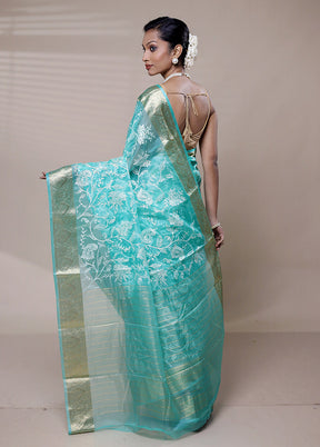 Blue Organza Saree With Blouse Piece