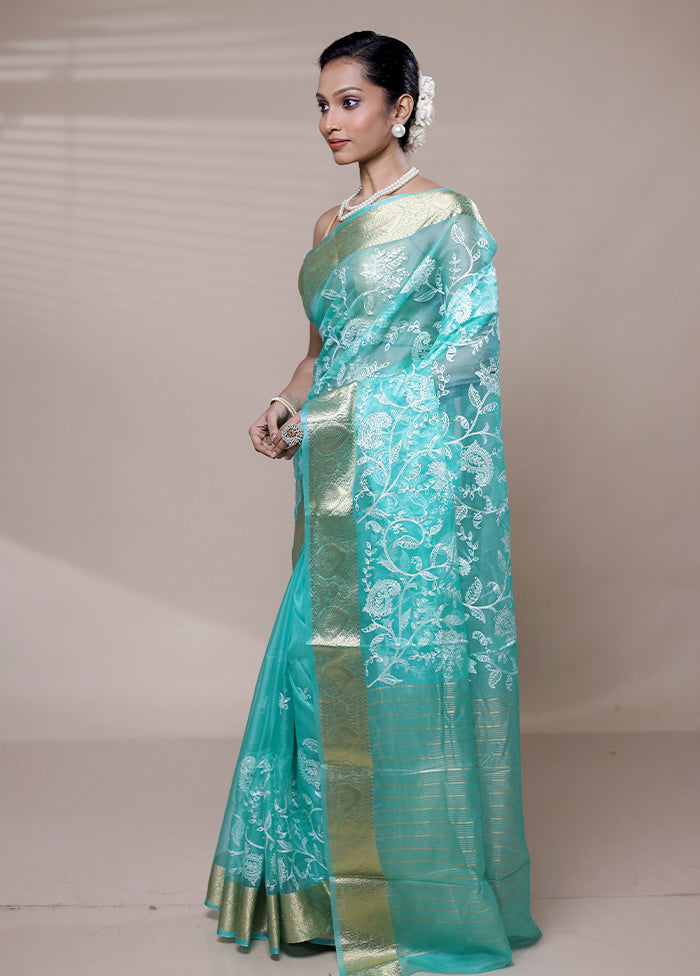 Blue Organza Saree With Blouse Piece