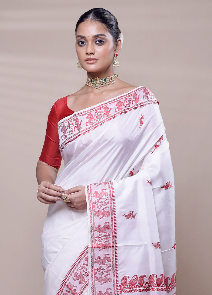 White Handloom Baluchari Pure Silk Saree With Blouse Piece