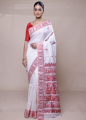 White Handloom Baluchari Pure Silk Saree With Blouse Piece