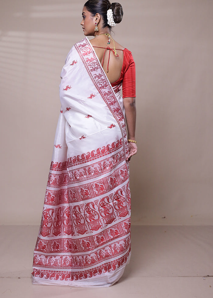 White Handloom Baluchari Pure Silk Saree With Blouse Piece