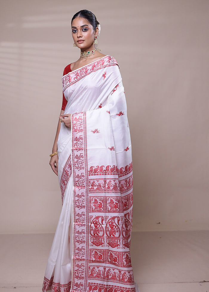 White Handloom Baluchari Pure Silk Saree With Blouse Piece