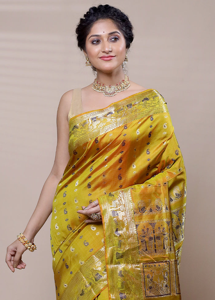 Yellow Handloom Baluchari Pure Silk Saree With Blouse Piece