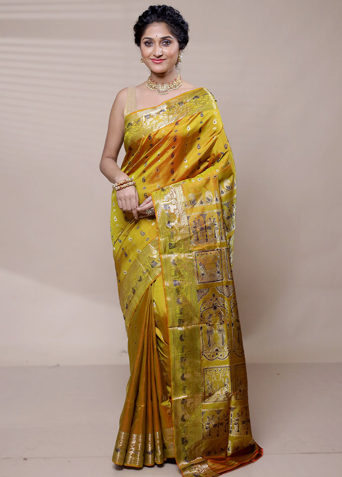 Yellow Handloom Baluchari Pure Silk Saree With Blouse Piece