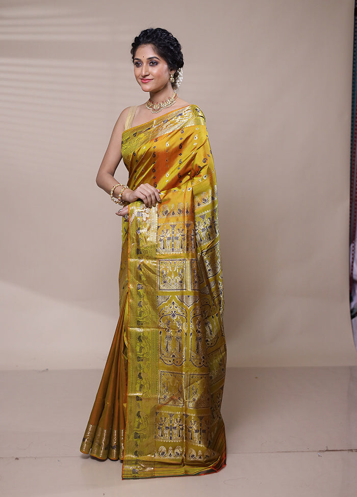 Yellow Handloom Baluchari Pure Silk Saree With Blouse Piece