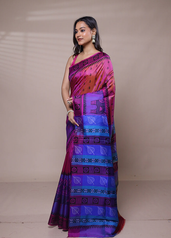 Pink Printed Pure Silk Saree Without Blouse Piece