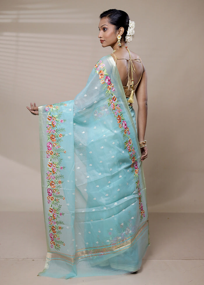 Blue Kota Cotton Saree With Blouse Piece