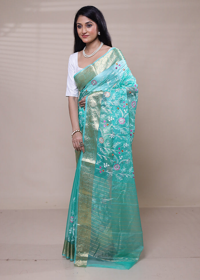 Blue Organza Saree With Blouse Piece