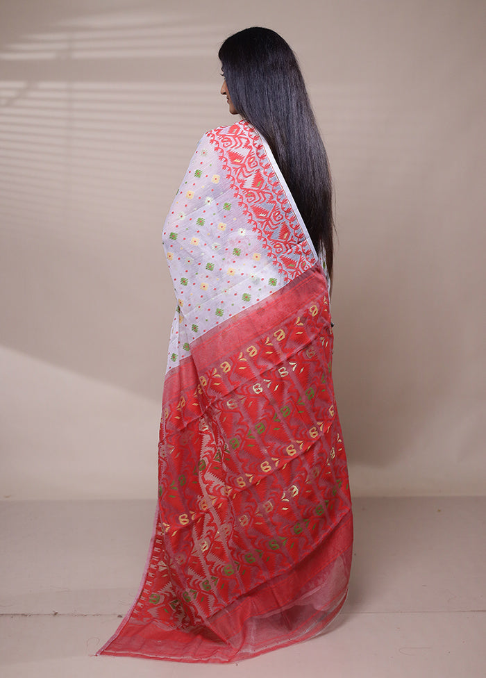 White Tant Jamdani Saree Without Blouse Piece