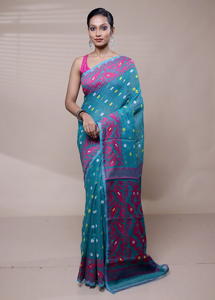 Blue Tant Jamdani Saree Without Blouse Piece