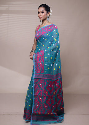 Blue Tant Jamdani Saree Without Blouse Piece