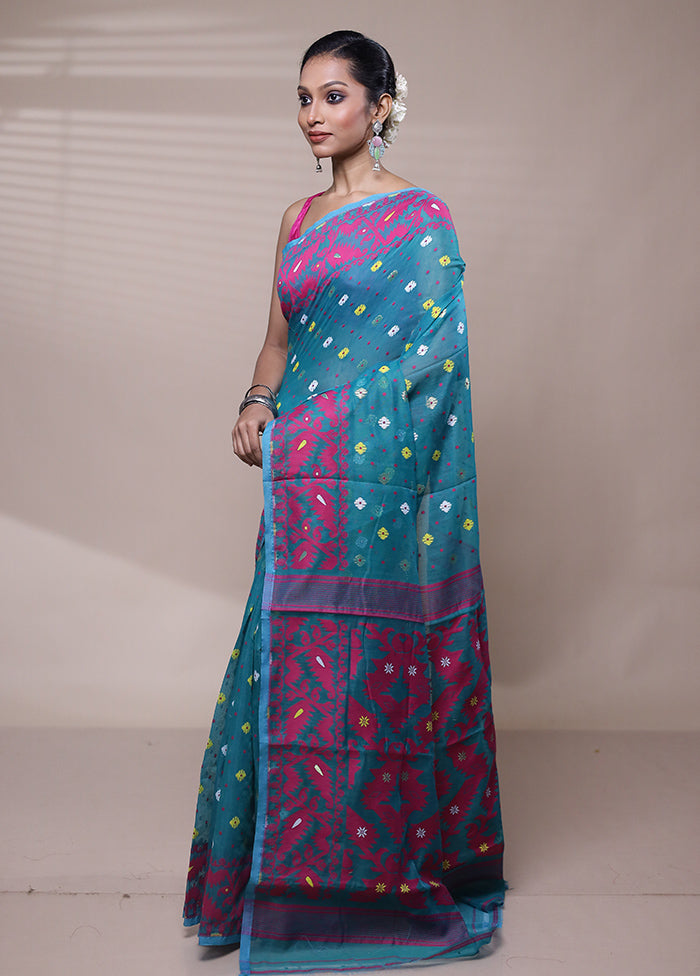 Blue Tant Jamdani Saree Without Blouse Piece