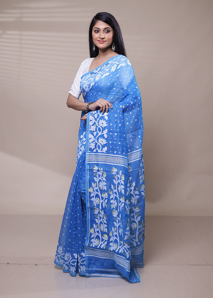 Blue Tant Jamdani Saree Without Blouse Piece