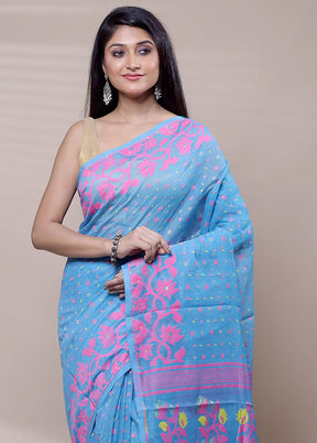 Blue Tant Jamdani Saree Without Blouse Piece