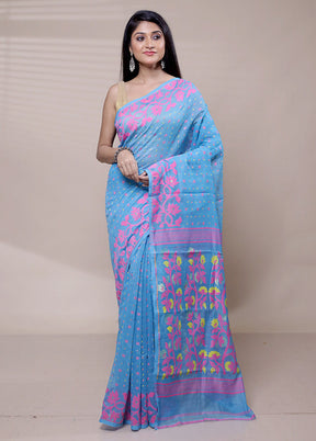 Blue Tant Jamdani Saree Without Blouse Piece