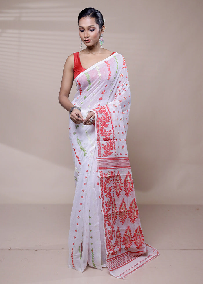 White Tant Jamdani Saree Without Blouse Piece