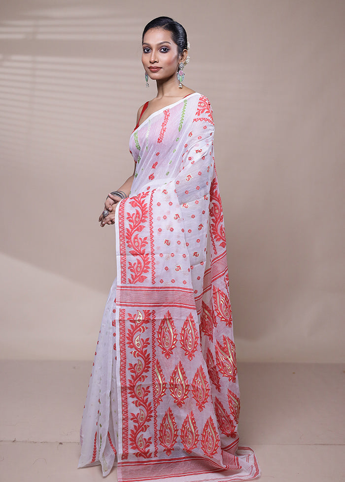 White Tant Jamdani Saree Without Blouse Piece