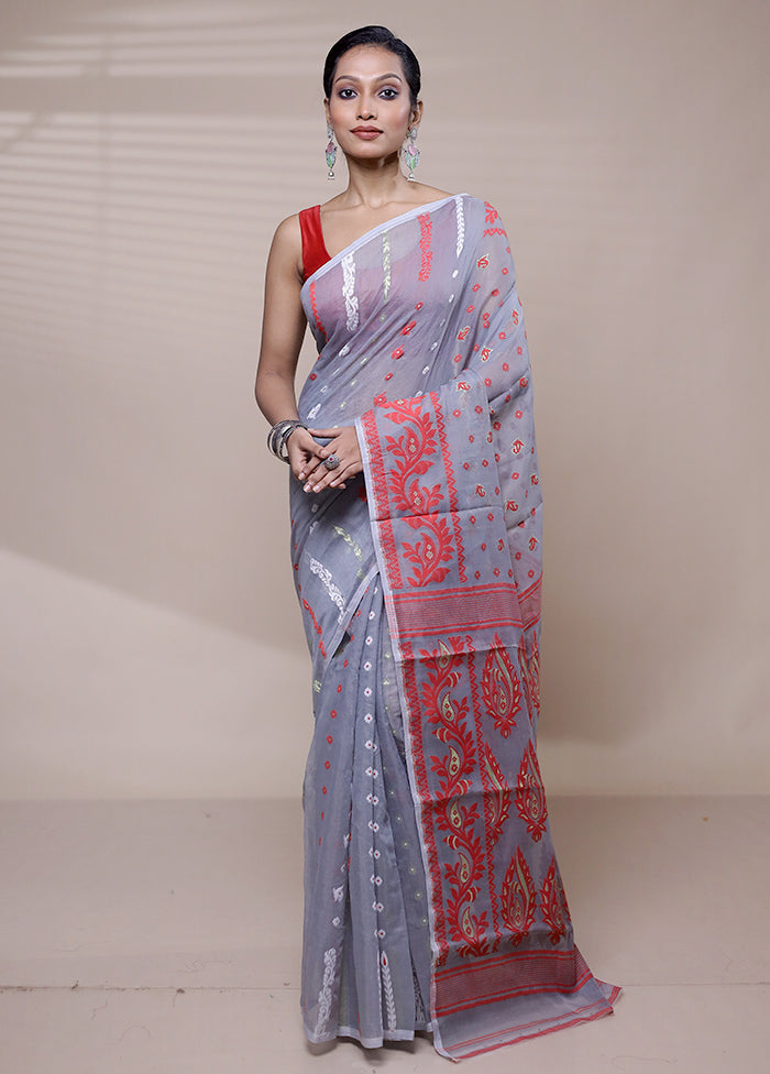 Grey Tant Jamdani Saree Without Blouse Piece