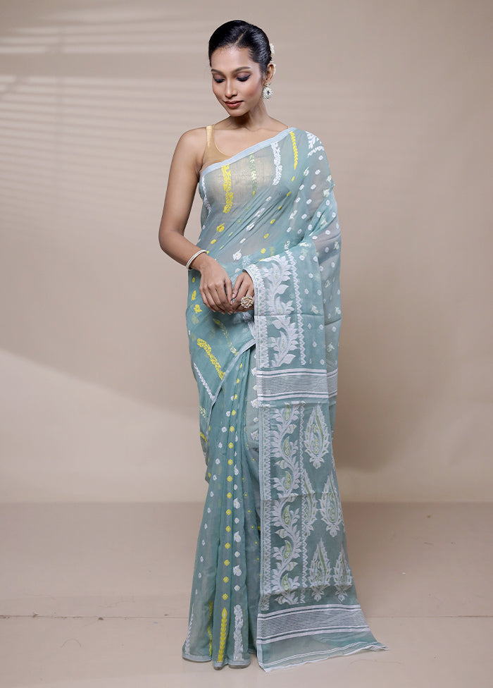 Blue Tant Jamdani Saree Without Blouse Piece