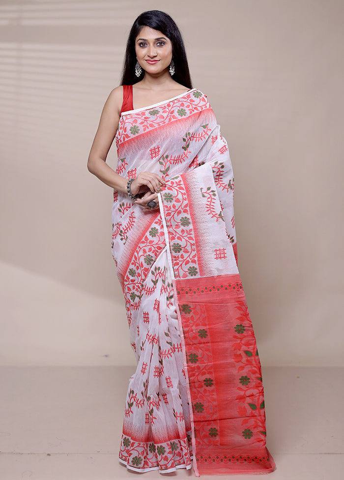 White Tant Jamdani Saree Without Blouse Piece