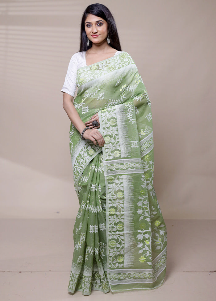 Green Tant Jamdani Saree Without Blouse Piece