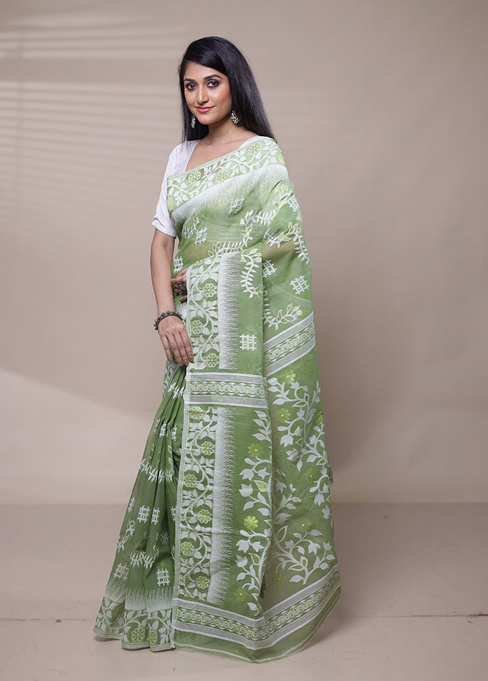 Green Tant Jamdani Saree Without Blouse Piece