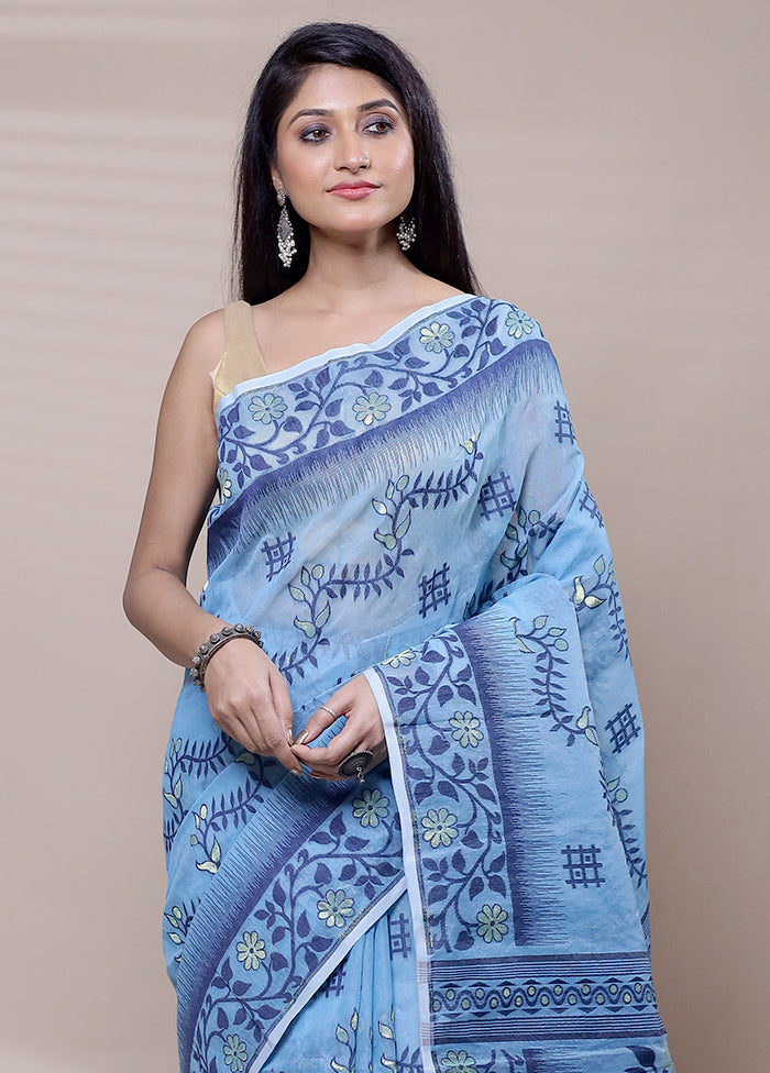 Blue Tant Jamdani Saree Without Blouse Piece