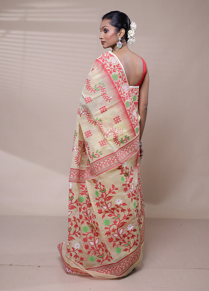 Cream Tant Jamdani Saree Without Blouse Piece