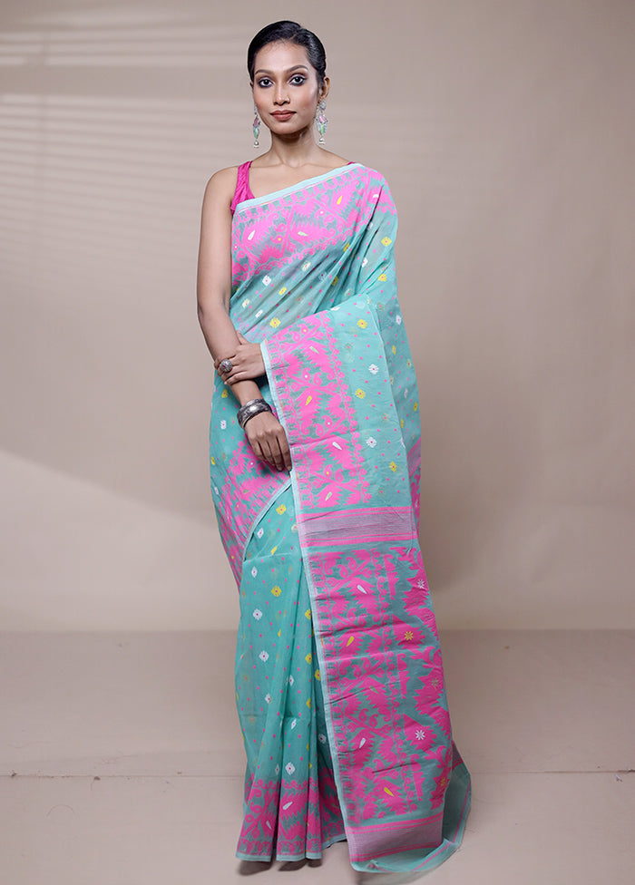 Blue Tant Jamdani Saree Without Blouse Piece